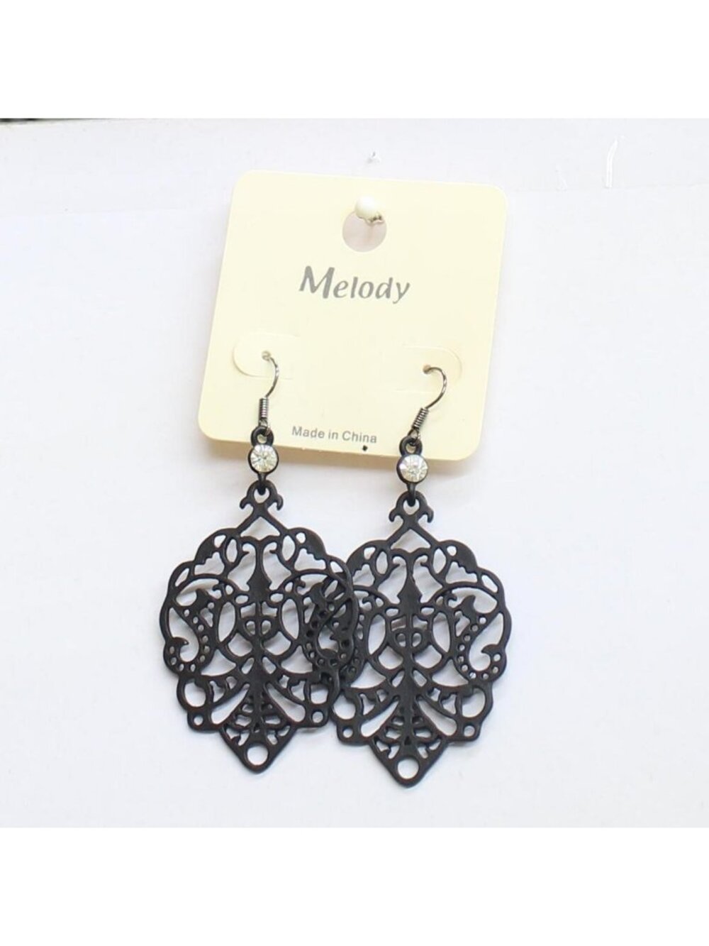 NWT Melody Womens Fashion Metal Lace Filigree Boho Earrings Black 3"